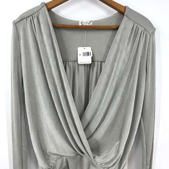 NEW Free People Turnt Crossover Bodysuit Size XS Gray Metallic Slinky Drape Boho - Picture 3 of 9